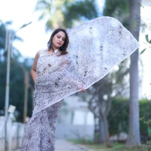 Grey Floral Embroidered Net Saree