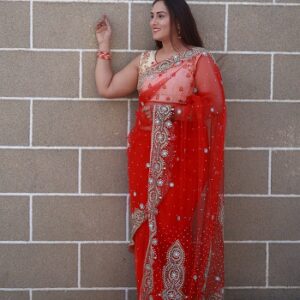 Red Satin Heavy Border Zari Embroidered Saree