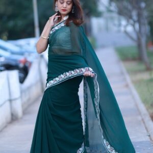 Bottle Green Heavy Border Zari Embroidered Saree